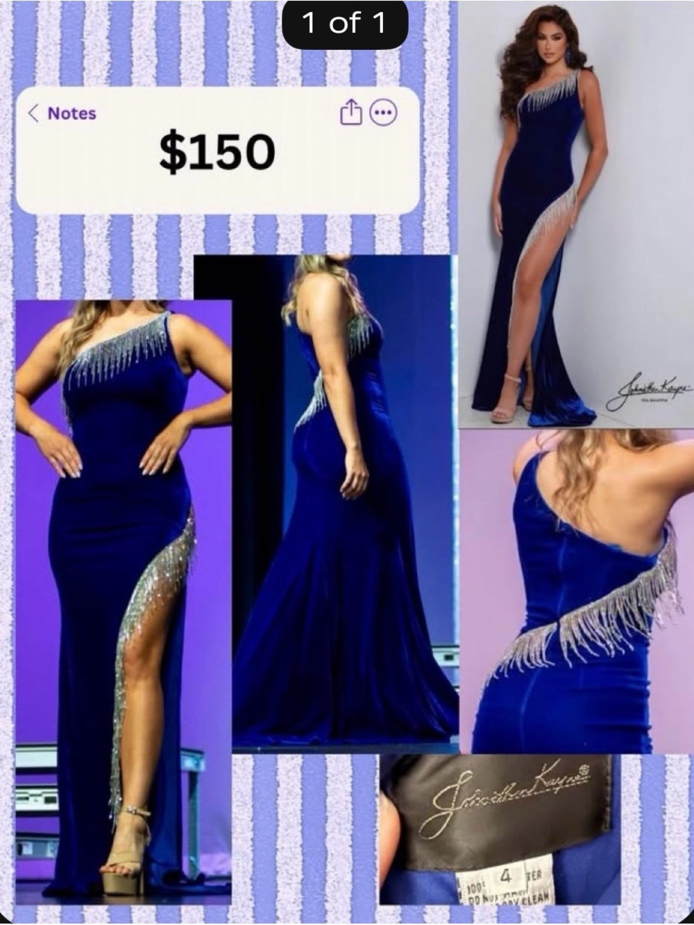 One-Shoulder Midnight Blue Evening Gown with Fringe Accents